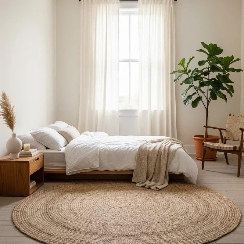 FRELISH DECOR Handwoven Jute Area Rug - 5 feet Round - Natural Yarn - Rustic Vintage Beige Braided Reversible Rug - Eco Friendly Rugs for Bedroom - Kitchen - Living Room - Farmhouse (5' Round)